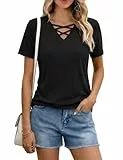 Totatuit Damen T Shirt mit V-Ausschnitt Kurzärmeliges Casual Lockere Basic Oberteile Sommer Lässig Shirts Solide Bluse