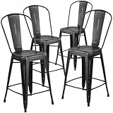 Flash Furniture Blake Commercial Grade 4 Stück 61 cm hoher Hocker aus schwarzem Metall für drinnen und draußen mit Rückenlehne