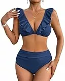 AI'MAGE Damen Bikini Set mit Rüschen und Hoher Taille Sexy Zweiteiliger Bademode Bauchweg Blau L