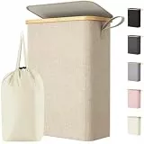 Lifewit 50L Wäschekorb Schmal mit Deckel, Faltbarer Wäschesammler Schmal mit Wäschesack, Laundry Basket Wäscheboxen aus Bambus mit Tragegriff für Apartment, Wohnheim und Wohnwagen, Beige