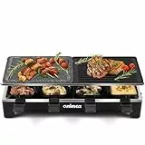 CUSIMAX Raclette Grill mit Reversible Grillpfanne & Natürlichem Grillstein, Raclette Partygrill für 8 Personen, Stufenlos Regulierbare Temperatur, 8 Mini Pfännchen, Antihaftbeschichtung,1500W,Schwar