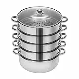 Susoso 26cm Dampfgarer, 5-Lagen Edelstahl Dampfkocher Kochtopf Warmhaltefunktion mit Glasdeckel für alle Herdarten, Silber