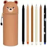 GDFJBG 2-in-1 Schulmäppchen aus weichem Silikon + 6 Radierbare Gelschreiber Set, Kawaii Bär, Weiche Stiftetasche mit Reißverschluss & Hitzeempfindliche Stifte - 0,7 mm