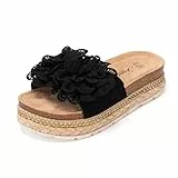 JOMIX Damen Sandalen Pantoletten mit Absatz Blumen Clogs Dicke Sohle Kork Hausschuhe Sommerschuhe Slipper Wandern Meer Strand Pool (Schwarz, 38EU, WCF250334)
