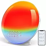 Tageslichtwecker Lichtwecker Radiowecker Wake up Light APP Steuerung,Sonnenaufgang Sonnenuntergangssimulation,11 Farblicht 20 Helligkeit, 7 Naturgeräusche 4 Alarmen Schlummerfunktion Nachttischlampe