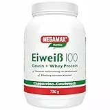 Megamax Eiweiss Cappuccino 750 g | Molkenprotein + Milcheiweiß Für Muskelaufbau,Diaet | 2k-Eiweiss ideal zum Backen | hochwertiges Low Carb Eiweiß-Shake | aspartamfrei Protein mit Aminosäuren