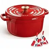 Overmont Bräter Emailliert Gusseisen Topf - Dutch Oven 26cm backofengeeignet mit Deckel und Kochbuch - für Braten Küche Backen Schmoren Rot