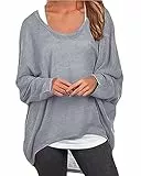 ZIOOER Damen Pulli Fledermausärmel T-Shirt Lose Asymmetrisch Jumper Bluse Langarmshirts Hemd Pullover Sweatshirt Oberteil Oversize Tops G1 Grau M