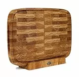 B4K® ovales Schneidebrett mit Ständer aus Eiche Stirnholz 50 × 35 × 4 cm – Massiver Hackblock | Antibakterielles Hirnholzbrett mit Griffen, Saftrille & Silikonfüßen | Perfekt für Küche, Fleisch & BBQ
