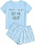 Haloumoning Mädchen Schlafanzüge Sommer Niedliche Shorts Set Bequem Kurzarm Cartoon bedrucktes Pyjama Set T-Shirt und Kurze Hose Set, Blau, 10-12 Jahre