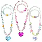 Powerking Halskette und Armband für Kinder, Set mit 3 kleinen Mädchen und Halskette Schmuck mit Perlen für Kinder und Armband mit Anhänger in Herzform