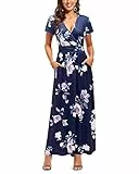 OUGES Sommerkleid Damen Kurzarm V-Ausschnitt Kleider Casual Boho Kleid Maxikleid mit Taschen Partykleid(Floral-C, S)