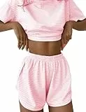 IECCP Schlafanzug Damen Kurz Pyjama T-Shirt Kurzarm Pyjamas Set Nachtwäsche Set Zweiteiliger Sommer Loungewear Sleepwear Rosa und Weiß Gestreifter Schlafanzug L