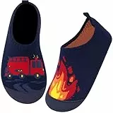 Kyopp Hausschuhe Kinder Junge Mädchen Pantoffeln Rutschfest Barfussschuhe Kindergarten Slippers für Atmungsaktive Weich Lauflernschuhe Kleinkinder Schuhe(Marineblaues Feuerwehrauto-N 28/29EU)