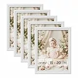 WOLTU Bilderrahmen 15x20cm 5er Set Fotorahmen Holzrahmen mit Passepartout, zum vertikalen oder horizontalen Aufhängen/Aufstellen, Posterrahmen Collage Wanddeko, Weiß
