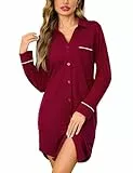 Bresdk Nachthemd Damen Langarm Baumwolle mit Knopfleiste Schlafshirt Stillnachthemd Nachtwäsche Stillen Umstandsmode Geburtskleid Krankenhaus, Weinrot, XL