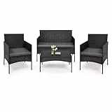 WOLTU Gartenmöbel 4-teilig Set mit 1 Sofa, 2 Sessel, 1 Couchtisch und Kissen Lounge-Möbel Outdoor 2-Sitzer-Bank mit Glas Gartentisch Terrassenmöbel Wetterfest für Garten, Terrassen, Balkon, Schwarz