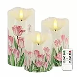 Justup LED-Kerzen, Set von 3 Flackernde Tulpe Kerzen mit Fernbedienung und Timer, Dimmbare LED Säulen Kerzenlicht Batteriebetrieben, Elektrische Kerzen für Frühling, Ostern Dekor (Tulpe)