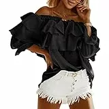 GOTOTOP Damen Schulterfrei Oberteile 3/4 Geschichtete Rüschenärmel Rückenfrei T-Shirts Elegant Bluse Tops(L-Schwarz)