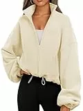 Famulily Damen Langarm Crop Sweatshirt Übergröße Fleece Jacken Zip Up Kordelzug Saum Pullover Drop Shoulder Outfits Beige XL
