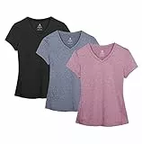 icyzone Damen Sport Fitness T-Shirt Kurzarm V-Ausschnitt Laufshirt Shortsleeve Yoga Top 3er Pack (XL, Black/Navy/Rose Wine)