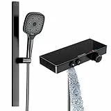 Rainsworth Duscharmatur mit Thermostat Set und Glasablage Schwarz - Duscharmatur komplettset mit 3 Strahlarten Handbrause, Unterer Auslauf, 60 cm Aluminium Duschstange, Duschset Duscharmatur Set