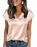 Zeagoo Satin Bluse Damen V Ausschinitt Cap Ärmel Silk Tops Elegant Kurzarm Business Shirts Sommer Seide Tshirt Blouse Elfenbein L