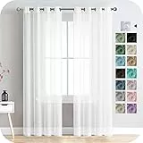 MRTREES Voile Gardinen Vorhang halbtransparent kurz mit Ösen in Leinenoptik Stores Gardinen Schals für Wohnzimmer Schlafzimmer Kinderzimmer Weiß 225×140cm (H×B) 2er Set