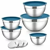 Herogo Rührschüssel 5er Set Blau, Edelstahl Schüssel mit luftdichten Deckeln, Metall Salatschüssel mit 3 Reibenaufsätzen zum Zubereiten/Backen/Servieren/Aufbewahren/Mixen, Spülmaschinenfest