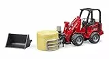 bruder 02192 - Schäffer Hoflader 2630 mit Frontschaufel, Ballengreifzange & Rundballen - 1:16 Fahrzeuge, Landwirtschaft, Bauernhof, Radlader, Ernte, Baumaschine, Stroh, Heu