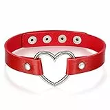 JewelryWe Schmuck Damen Choker Halsband Halskette, Leder Legierung 33-40cm Erstellbare Punk Lolita Herz Collier Kette, Rot Silber