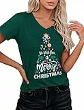 Crewhpo Weihnachtsbaum T-Shirt für Damen Weihnachten Kurzarmshirt mit V-Ausschnitt Weihnachts Bedruckte Top Kurze Ärmel Weihnach Oberteile Lockerer Women