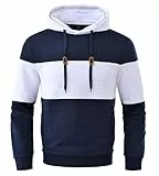 Huayuzh Hoodie Herren Oversize Kapuzenpullover für Herren Langarm Freizeit Jacquard Farbblock Sweatshirt mit Zip Taschen Marineblau Weiß XXL