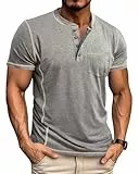 LAOARA T-Shirts Herren Henley Shirt Kurzarm V Ausschnitt Sommer Sport mit Tasche Knopfleiste Slim Fit Hemd Grau XL