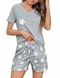 Litherday Schlafanzug Damen Kurz Pyjama Set Kurzarm Nachtwäsche Set Baumwolle Schlafhose Stern Gedruckt Sommer V Aussschnitt Loungewear Grau L