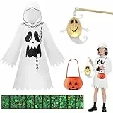 Shinybox Geister Gespenst Kostüm Kinder, Halloween Geister Umhang Kinder, Weiß Ghost Robe mit Geist Laterne und Handtasche, Halloween Leuchtsticker, Umhang für Karneval Cosplay(130)
