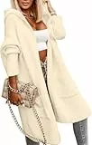 Tongmingyun Strickjacke Damen Lang Cardigan mit Kapuze Winter Grobstrickjacke Casual Lose Strickmantel Jacke Elegant Longstrickjacke Open Front Sweater Beige S