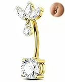 OUFER 14G Reverse Gold Bauchnabelpiercing Chirurgenstahl 316L Blumen-Nabelring CZ Klar 12 mm Vine Piercing Bananabells Silber Langer Körper-Barbell-Schmuck für Frauen