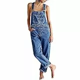 Felcia Damen Lässige Weite Denim Latzhose Klassische Verstellbare Träger Latz-Overall Dehnbares Konisches Bein Jeans mit Taschen Streetwear, A-Blau, L