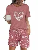 Uniexcosm Schlafanzug Damen Kurz Baumwolle Zweiteiliger Pyjama Set Kurzarm Nachtwäsche Wimperndruck Sleepwear Hausanzug Loungewear Stil 1:Rosa-1 XS