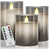 KESSER® LED Kerzen 3er Set Flammenlose Kerze mit Fernbedienung Timerfunktion Timer Dimmer Echtwachskerze 10cm, 12,5cm,15cm Hoch Realistisch Flackernde Flacker-Licht Led-Flammen Glas Deko Grau