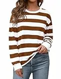 Aottori Sweatshirt Damen Oversized Pullover Baumwolle Rundhals Langarmshirt Gestreift Farbblock Oberteil Sportlich Lockeres Herbst Winter Braun Weiß XL