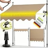 tillvex Klemmmarkise mit Handkurbel & LED Lichterkette Balkon | Balkonmarkise ohne Bohren | Markise UV-beständig & höhenverstellbar | Sonnenschutz Terrasse & Garten wasserdicht (Taupe, 200cm)