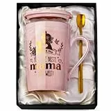 Doublewhale Geschenke für Mama, Beste Mama der Welt Geschenk Tasse, Geburtstagsgeschenk Kaffeetasse, Muttertag Mutter Cup, 14 Oz Rosa Tasse Mit Deckel, Löffel, Grußkarte, Edle Geschenkbox