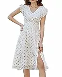 GRACE KARIN Damen Sommer Elegant Abendkleid mit Schlitz V-Neck Kurzarm Freizeitkleid für Urlaub, Farbe: Weiß, Größe: XXL