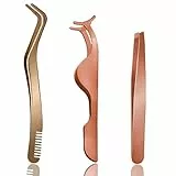 3 Stück Wimpern Pinzette, Wimpernpinzette für Wimpernverlängerung, Edelstahl Gerad und Kurve Spitzen Pinzetten, Professionelle Falsche Wimpern Werkzeug Wimpernpinzette