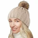 NEOLA Wintermützen für Damen – Fleecegefütterte Beanie-Mütze für Damen, weich und warm, mit Bommel aus Strick und dickem Kunstfell-Bommel für Outdoor-Sportarten und Skifahren
