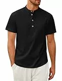 Vijamiy Leinenhemd Hemd Herren Kurzarm Tshirt Sommer Kurzarmhemd Sweatshirt Regular Fit Freizeithemd mit Tasten(Schwarz,XXL)