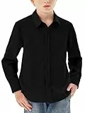 Haloumoning Jungen Hemd Langarm Knopfleiste Shirt Regular Fit Casual Freizeit Party Hemden Einfarbig Bügelleicht Formale Schuluniform Oberteile, Schwarz, 13-14 Jahre
