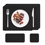 KitchenBoss Tischsets Abwaschbar Platzsets, 4er Platzdeckchen Lederoptik mit Untersetzer Hitzebeständig Doppelseitigen Wasserdicht, 43×30CM,Schwarz